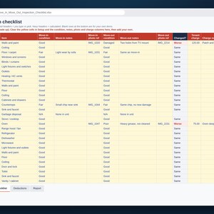 Inspection checklist sheet with move-in and move-out condition, notes, photo refs and tenant charges