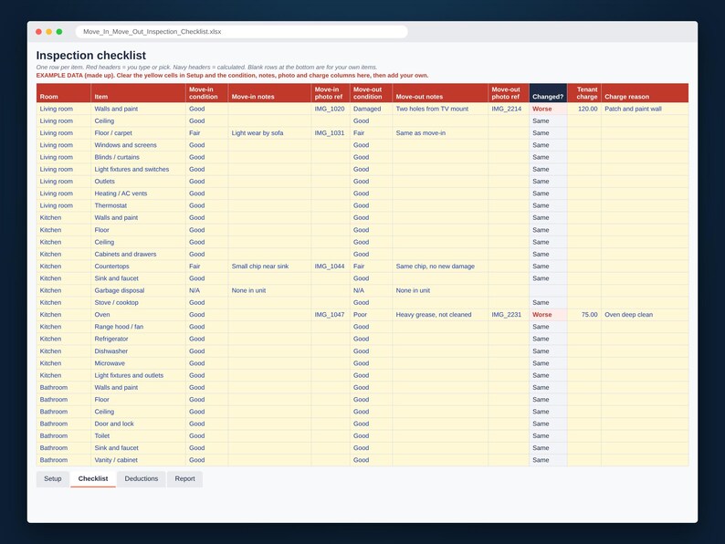 Inspection checklist sheet with move-in and move-out condition, notes, photo refs and tenant charges