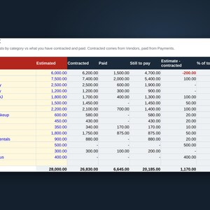 Budgetoverzicht voor een bruiloft in Google Sheets, bruiloftplanner met leverancierslijst, gastenlijst (RSVP), betalingsschema en dashboard, downloaden afbeelding 2