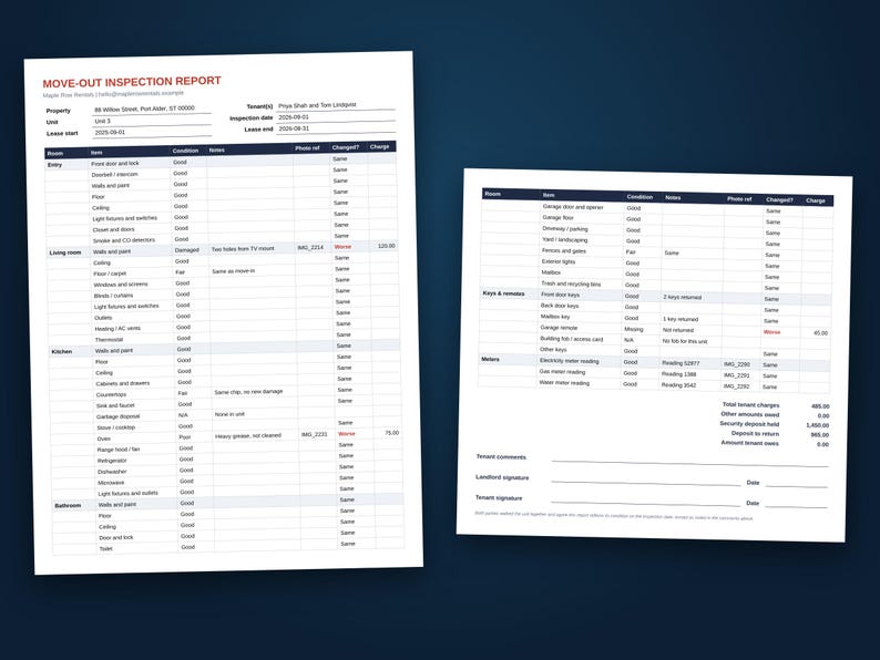 Printable move-out inspection report with tenant comments and landlord and tenant signature lines