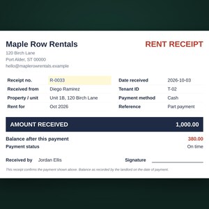 Printable rent receipt with amount received and balance after payment, example data