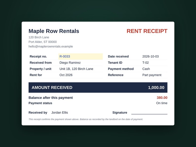 Printable rent receipt with amount received and balance after payment, example data