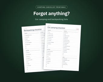 Printbare checklist voor kamperen, paklijst voor kamperen (pdf), kamperen met de auto en backpacken, maaltijdplanner, reisplanner, brief- en A4-formaat