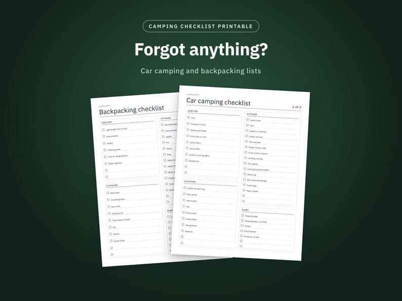 Camping Checklist Printable, Camping Packing List PDF, Car Camping and Backpacking, Meal Planner, Trip Planner, Letter and A4 image 1