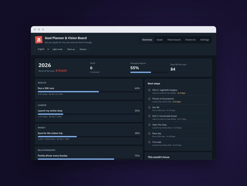 Dark Mode Goal Planner 2027 full app view