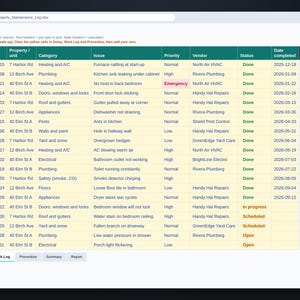 Work log sheet with date reported, property, category, issue, priority, vendor, status and total cost