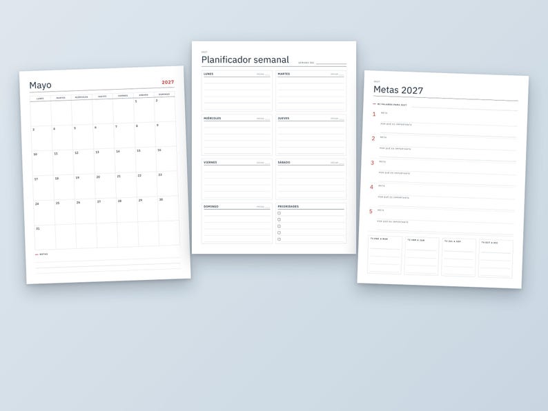 Calendrier 2027 à imprimer et agenda 2027, pages mensuelles, hebdomadaires et journalières, suivi des habitudes, objectifs, formats Lettre et A4, anglais et espagnol image 6