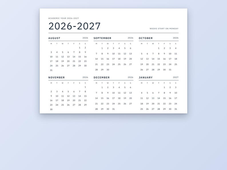 Academische kalender 2026-2027 (printbaar), maandkalender augustus tot en met juli, semesterplanner, opdrachtenplanner, examenplanner, brief- en A4-formaat afbeelding 4