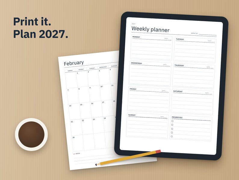 Calendrier 2027 à imprimer et agenda 2027, pages mensuelles, hebdomadaires et journalières, suivi des habitudes, objectifs, formats Lettre et A4, anglais et espagnol image 5