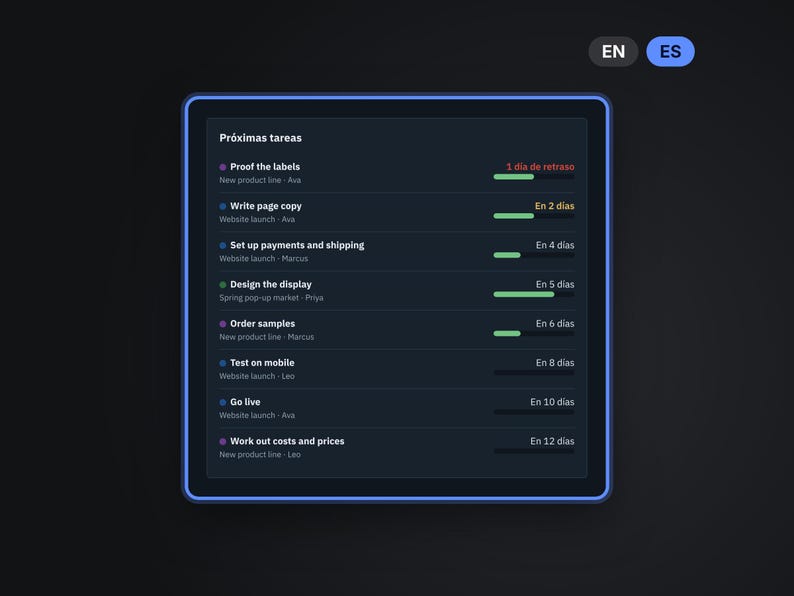 Dark Mode Project Planner in Spanish