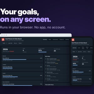 Dark Mode Goal Planner 2027 on laptop and phone, runs in your browser