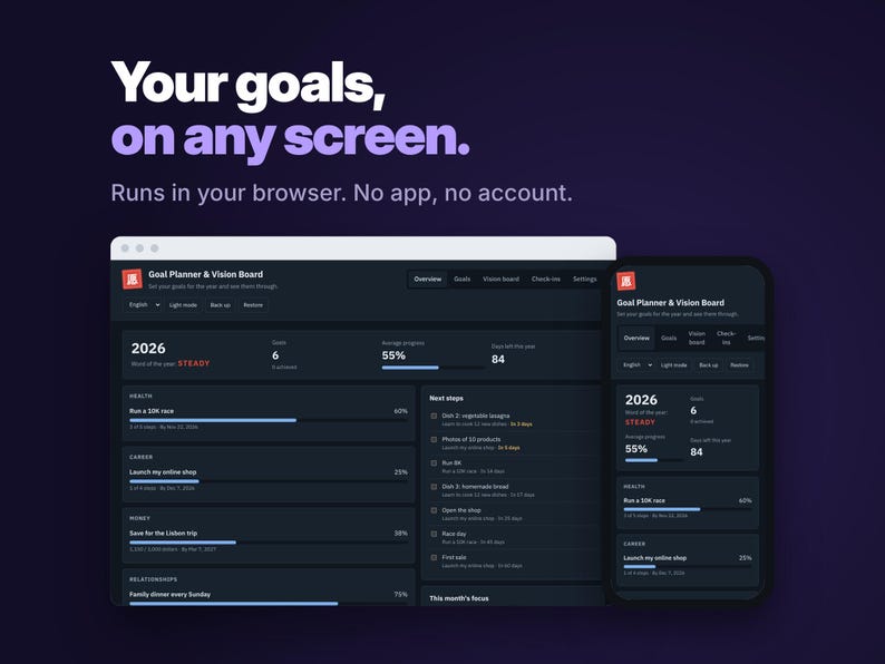 Dark Mode Goal Planner 2027 on laptop and phone, runs in your browser