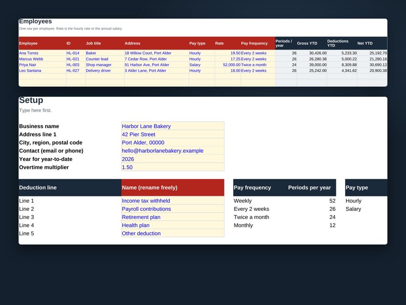 Pay Stub Template for Small Employers, Google Sheets Payroll Record with Overtime, Year to Date Totals and Printable Stub, Digital Download image 3