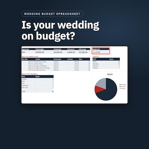 Budgetoverzicht voor een bruiloft in Google Sheets, bruiloftplanner met leverancierslijst, gastenlijst (RSVP), betalingsschema en dashboard, downloaden afbeelding 1