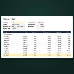 Tenant ledger month by month with rent, late fees, payments and balance owed