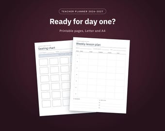 Teacher Planner 2026-2027 Printable, Lesson Plan, Gradebook, Class Roster, Seating Chart, Substitute Info, Monthly Calendars, Letter and A4
