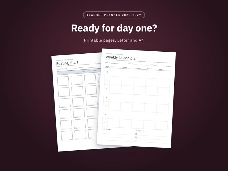 Teacher Planner 2026-2027 Printable, Lesson Plan, Gradebook, Class Roster, Seating Chart, Substitute Info, Monthly Calendars, Letter and A4 image 1