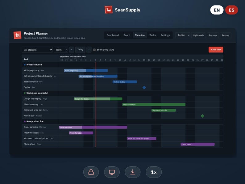 Planificador de proyectos en modo oscuro, para Excel y Google Sheets | Diagrama de Gantt, tablero kanban y cronograma imagen 8