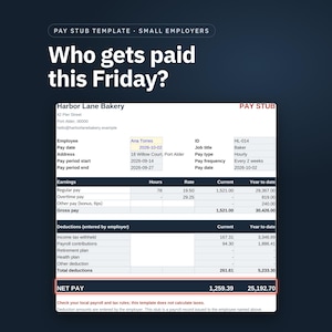 Pay Stub Template for Small Employers, Google Sheets Payroll Record with Overtime, Year to Date Totals and Printable Stub, Digital Download image 1