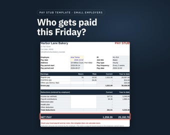 Pay Stub Template for Small Employers, Google Sheets Payroll Record with Overtime, Year to Date Totals and Printable Stub, Digital Download
