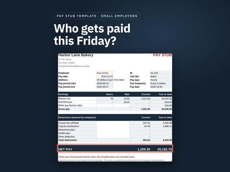 Pay Stub Template for Small Employers, Google Sheets Payroll Record with Overtime, Year to Date Totals and Printable Stub, Digital Download image 1