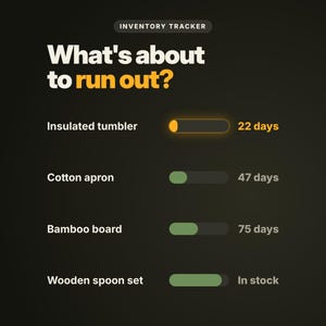 Suivi des stocks et tableur d'inventaire | Suivi des stocks, gestion des inventaires, dates de réapprovisionnement, bons de commande pour les vendeurs Etsy et Shopify
