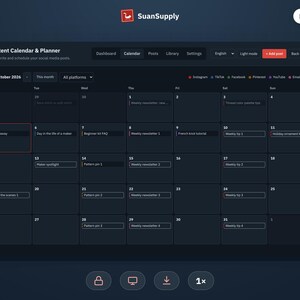 Calendario de contenido en modo oscuro, para Excel y Google Sheets | Planificador de redes, hashtags y resultados imagen 7