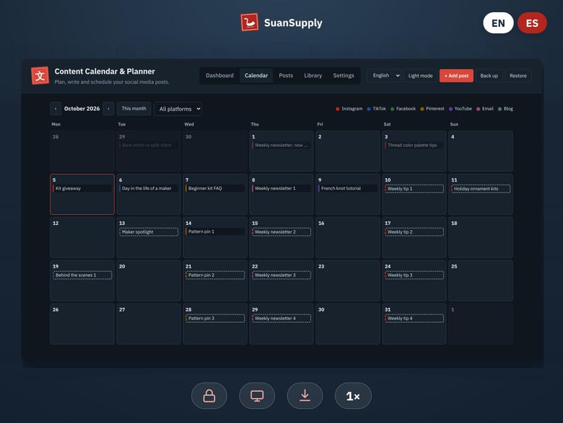 Calendario de contenido en modo oscuro, para Excel y Google Sheets | Planificador de redes, hashtags y resultados imagen 7