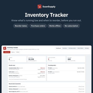 Software de seguimiento y gestión de inventario / Stock, fechas de reposición, órdenes de compra para vendedores de Etsy, Shopify y Amazon / Aplicación web