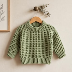 May include: A sage green long-sleeve jumper featuring a textured waffle knit pattern. The garment has a ribbed crew neckline, ribbed cuffs, and a ribbed hem, displayed on a wooden hanger against a neutral wall.