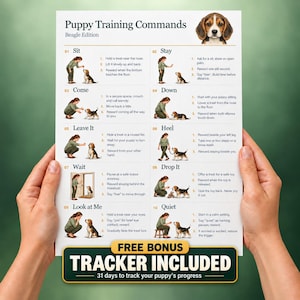 May include: A white instructional poster titled Puppy Training Commands Beagle Edition featuring ten numbered steps with illustrations of a person training a beagle puppy. The bottom includes a dark green banner stating FREE BONUS TRACKER INCLUDED.