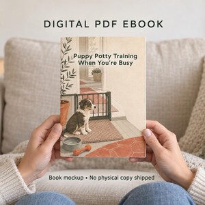 Peut inclure: Un ebook PDF numérique intitulé Puppy Potty Training When You're Busy. La couverture présente une illustration d'un chiot assis sur un tapis près d'une barrière pour animaux, un bol d'eau et un jouet orange. Le texte DIGITAL PDF EBOOK est visible.