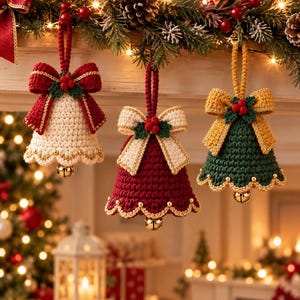 May include: Three crocheted bell ornaments hanging in a row. The left bell is cream with a red bow, the center is dark red with a cream bow, and the right is dark green with a gold bow. Each features green holly leaves, red berries, and a gold jingle bell.