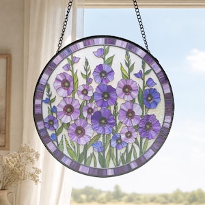 Purple Hollyhock Stained Glass Round Panel, Black Frame Sunroom Decor for Garden Lovers Gift, Garden window decor, Flower lover gift