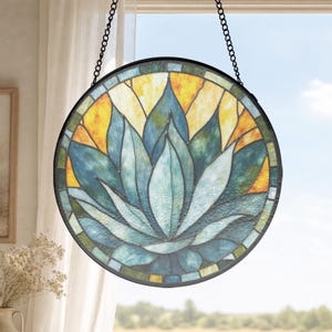 Agave Flower Stalk Black Framed Painted Glass Suncatcher, Thinking Of You Garden Gift, colorful window art, botanical glass panel