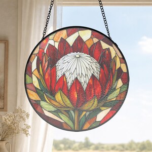 King Protea Painted Glass Suncatcher, Crimson Botanical Window Decor, Anniversary Gift for Wife, red floral window decor