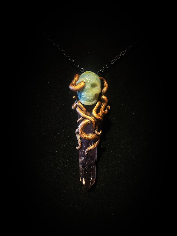 Eldritch Skull Crystal Necklace – Electroformed Copper Tentacle Pendant, Amethyst Crystal - Gothic Jewelry, Cosmic Horro