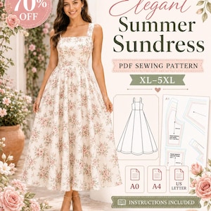Könnte beinhalten: Ein PDF-Schnittmuster für ein elegantes Sommerkleid in den Größen XL-5XL. Das Bild zeigt ein weißes Kleid mit rosa Blumenmuster, eckigem Ausschnitt und breiten Trägern. Enthält technische Strichzeichnungen sowie Symbole für A0, A4 und US Letter.