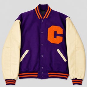Purple Varsity Jacket, Cream Leather Sleeves, Chenille Letter Patch, Unisex Streetwear