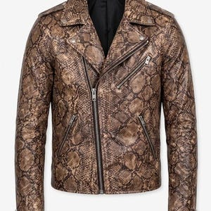 Men’s Snake Print Leather Jacket | Embossed Cowhide Biker Moto Jacket | Python Print Rocker Style | Made to Order, Custom Size XS-5XL