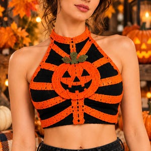 Puede incluir: Un top corto de crochet en negro y naranja con un motivo central de calabaza de Halloween y un tallo verde. El diseño incluye tiras de crochet naranjas que irradian sobre una base negra, creando un patrón de telaraña en el pecho.