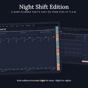May include: A digital planner titled Night Shift Edition with a dark interface, featuring a weekly schedule view and a monthly calendar view. The layout includes colorful side tabs, text labels, and a dark background designed for low-light visibility.