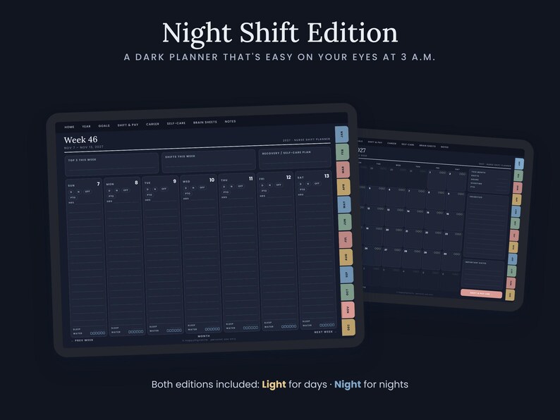 May include: A digital planner titled Night Shift Edition with a dark interface, featuring a weekly schedule view and a monthly calendar view. The layout includes colorful side tabs, text labels, and a dark background designed for low-light visibility.