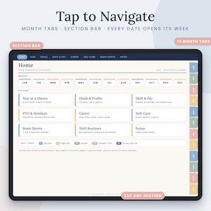 Peut inclure: Une interface de planificateur numérique affichée sur un écran, présentant un tableau de bord d'accueil avec des onglets de navigation pour les mois et les sections. La mise en page inclut des cases étiquetées pour les objectifs, le travail.