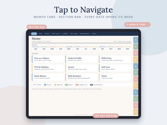 2027 Nurse Planner for 12 Hour Shifts, Digital & Printable, Night Shift GoodNotes Planner with Brain Sheets