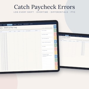 May include: A digital planner displayed on two tablets, featuring a January Shift & Pay Log and a PTO & Holiday Tracker. The interface includes columns for dates, shifts, and pay, with text reading Catch Paycheck Errors: Log Every Shift.