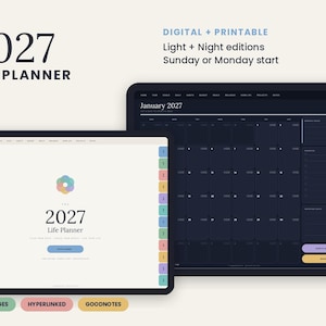 Peut inclure: Un agenda numérique 2027 proposant des éditions jour et nuit avec un début de semaine le dimanche ou le lundi. L'interface comprend 106 pages hyperliées compatibles avec Goodnotes, affichant un calendrier mensuel et des onglets latéraux colorés.