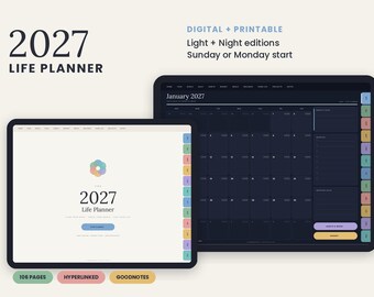 May include: A 2027 digital life planner featuring light and night editions with Sunday or Monday start options. The interface includes 106 hyperlinked pages compatible with Goodnotes, displaying a monthly calendar layout and colorful side tabs.