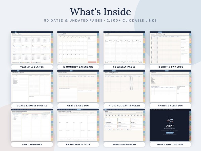 May include: A digital planner titled What's Inside with 90 dated and undated pages and 2,800 clickable links. It features 12 monthly calendars, 53 weekly pages, shift and pay logs, goal trackers, certs and CEU logs, PTO trackers, and a 2027 night shift edition.