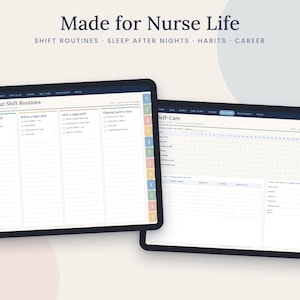 May include: Two digital tablets displaying a nurse planner interface. The screens show organized checklists for 12-hour shift routines, including sections for day shifts, night shifts, and self-care habit trackers with colorful side navigation tabs.